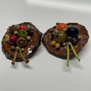 Vintage Preserved nature Brooch 1 Is Signed Seeds Fruit Lacquered Handmade Read